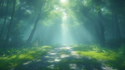 Misty Forest Path Sunlight Through Trees