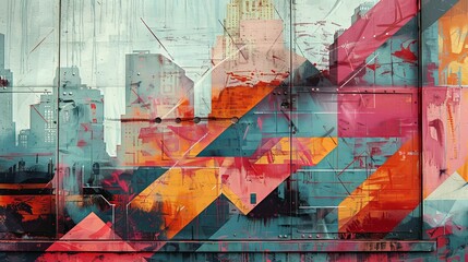 The image presents a digitally enhanced or stylized representation of urban graffiti, featuring a predominantly abstract composition. Geometric shapes, primarily triangles and