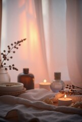 Serene spa setting with candles, essential oils, and decorative elements under soft light