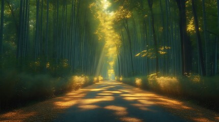 Fototapeta premium Sunlit Path Through A Lush Bamboo Forest