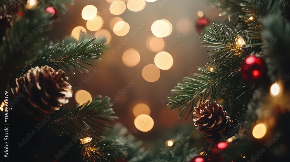 Poster christmas background with pine and bokeh lights created with generative ai
