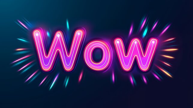 Neon Wow!  Vibrant Glowing Letters with Burst Effect,  Digital Art, Graphic Design, Colorful Explosion - Powered by Adobe