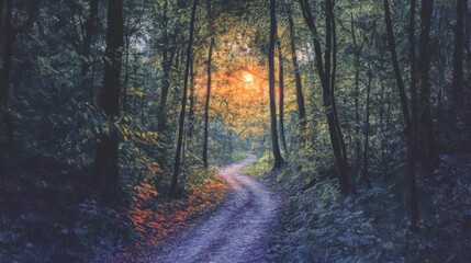 Fototapeta premium A quiet forest path at twilight, digital painting, cool tones, ethereal light
