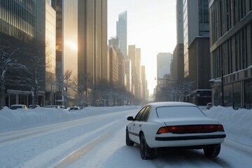 Fototapeta premium A car is driving down a snowy street in a city. The sun is shining brightly, creating a beautiful contrast between the bright light and the white snow. The car is parked on the side of the road