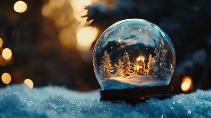 sparkling snow globe with a miniature winter scene inside, can be whimsical and delightful banner with text space,Christmas background