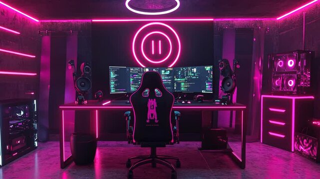 Modern gaming setup with neon lights and multiple monitors showcasing a vibrant workspace