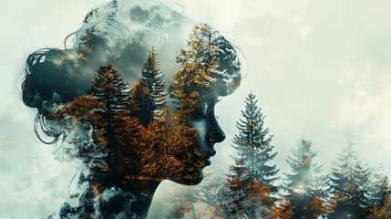 The image is a digital composite, a double exposure photograph, showing the profile of a woman's face overlaid with a winter forest scene.  The woman's face is rendered in dark,