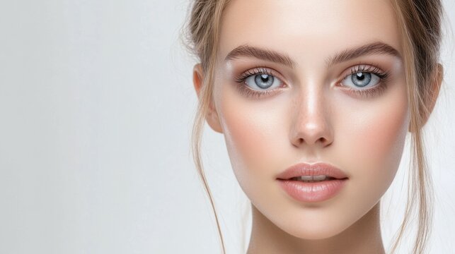 Young woman with perfect smooth skin isolated on white background. Facebuilding.