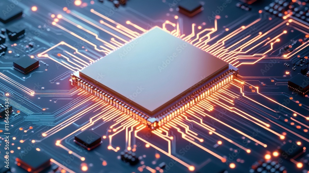 Poster bright circuits on a glowing chip in abstract tech design