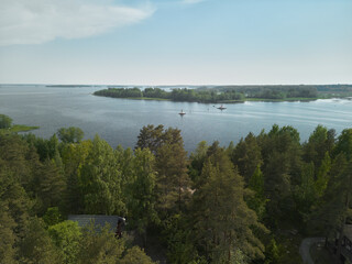 Breathtaking Scenic Aerial View of a Tranquil, Peaceful Lake Surrounded by Lush Green Forest