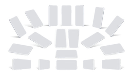 Realistic Smartphone and Clay Phone Mockup Collection - White Mobile Devices in Front, Side, Top, Bottom, and Perspective Views with Blank Screens. Vector