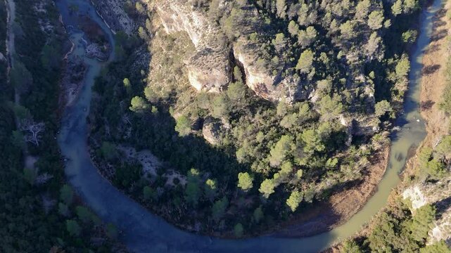 Aerial view from above of one of the gorges of the Cabriel river Natrual Park in the provinces of Cuenca and Valencia, Spain