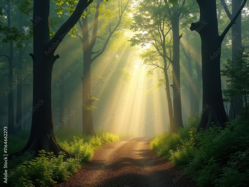 Poster light filters through trees along a serene forest pathway surrounded by lush greenery in the early m