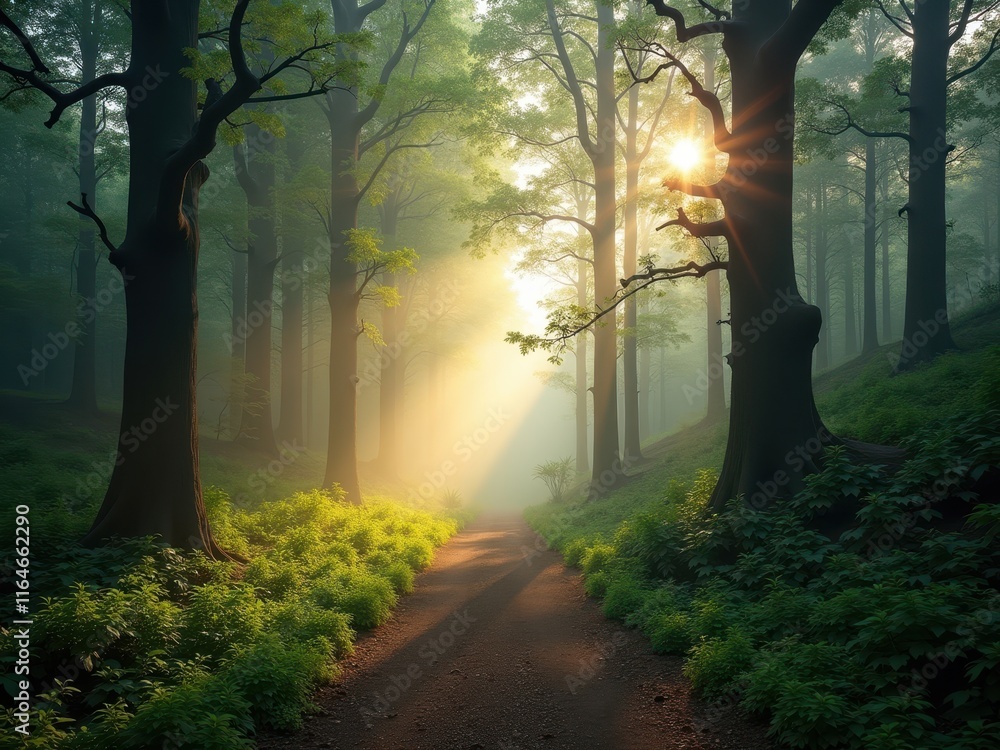 Poster sunlight filters through trees in a serene forest path during dawn, creating a tranquil atmosphere i