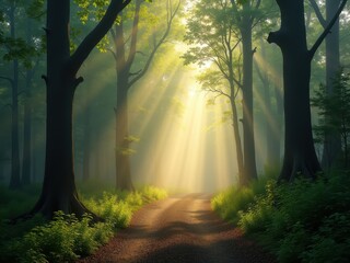 Obraz premium Light filters through trees along a serene forest pathway surrounded by lush greenery in the early morning
