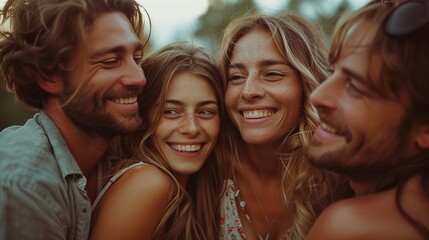 Fototapeta premium Close-up shot of four young adults, two men and two women, embracing and laughing candidly. The image features a shallow depth of field, focusing primarily on the faces and upper