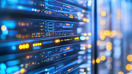 Naklejka premium Data Center Equipment in Soft Light Warehouse Setting