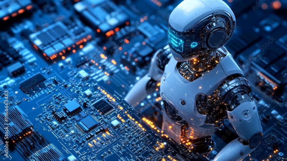 Poster 3d isometric illustration of a robot on a processor chip, symbolizing ai and technology.