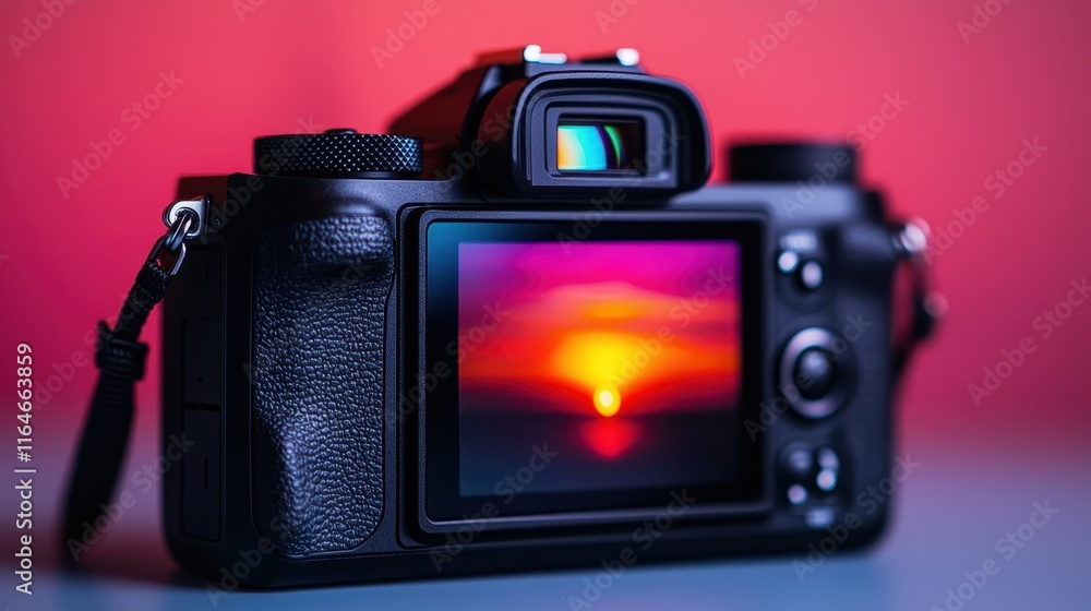 Poster a close-up of a camera displaying a vibrant sunset on its screen, set against a softly blurred red b