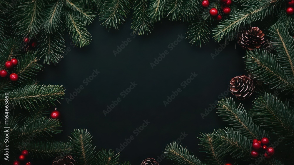 Poster christmas background with pines and baubles as frame created with generative ai