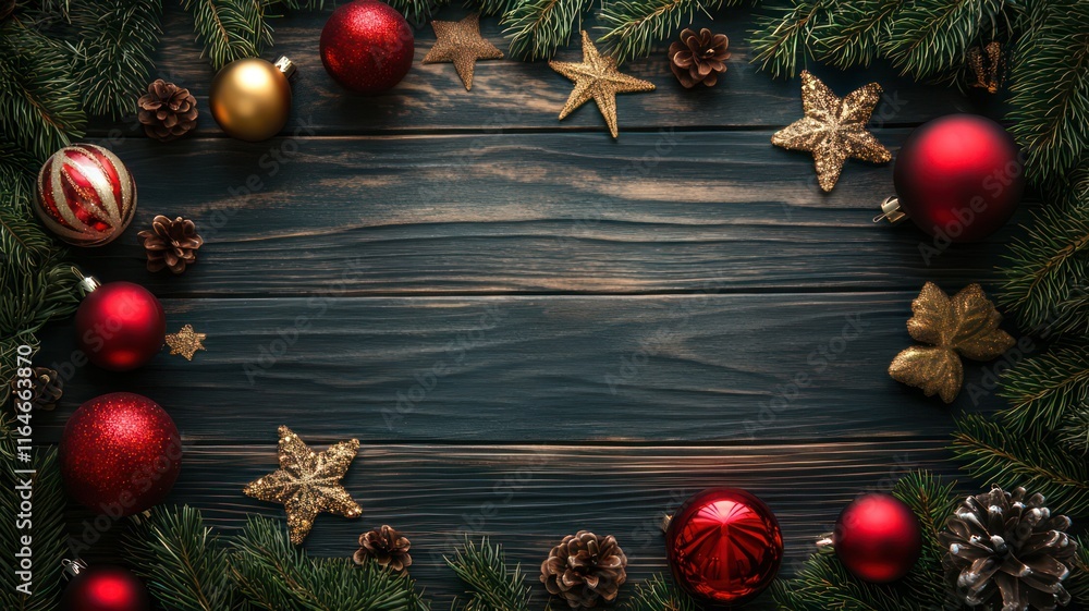 Poster christmas background with pines and baubles as frame created with generative ai