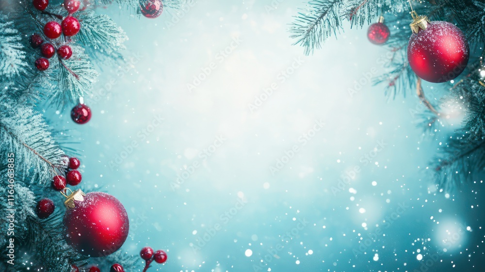 Poster christmas background with pines and baubles as frame created with generative ai