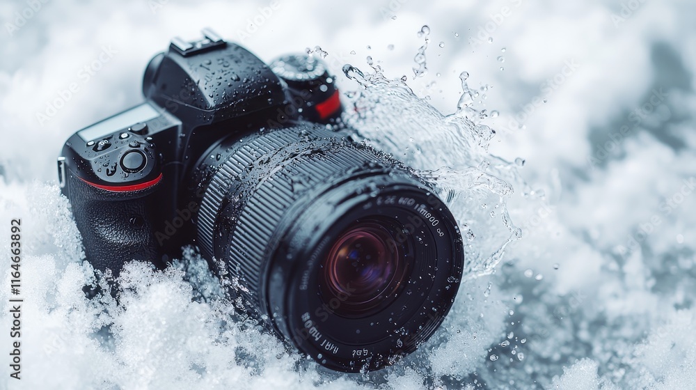 Poster a dslr camera partially submerged in water, with droplets splashing, showcasing its resilience in a 