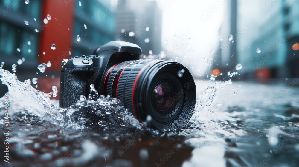 Poster a camera partially submerged in water, surrounded by splashes, showcasing a dynamic urban environmen