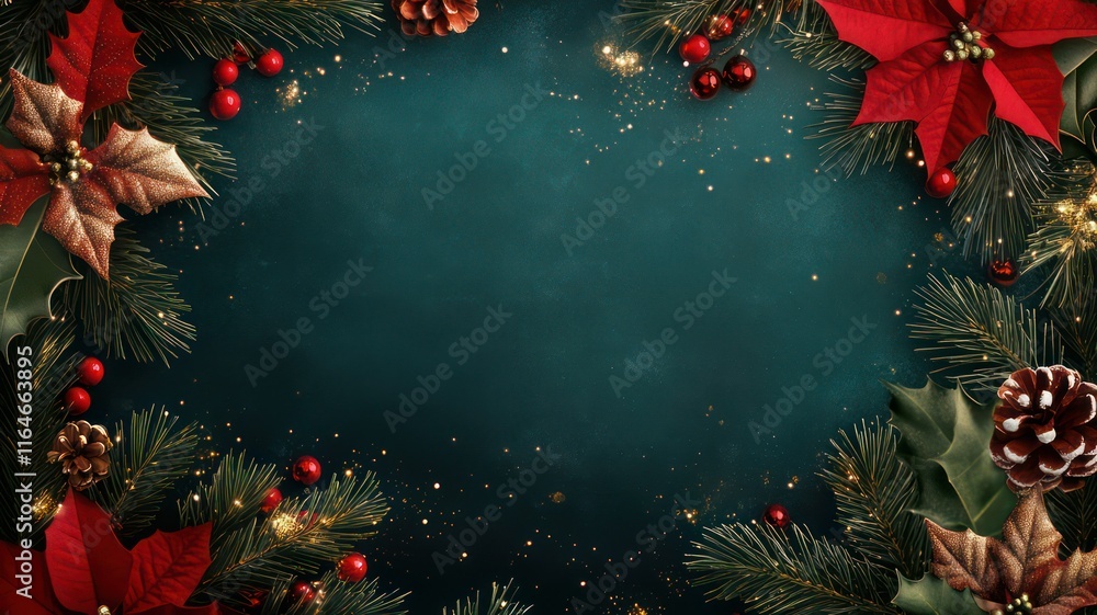 Poster christmas background with pines and baubles as frame created with generative ai