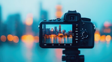 A camera captures a city skyline at twilight, showcasing vibrant lights reflected in water, highlighting urban beauty and photographic art.
