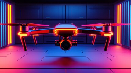 A futuristic drone illuminated by colorful neon lights, set against a sleek, high-tech background.