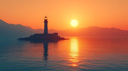 Lighthouse Silhouette at Sunset Over Calm Ocean Waters