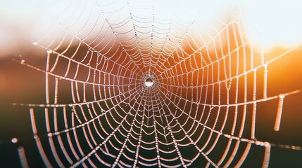 Naklejka premium A close-up view of a spider web glistening with dew, illuminated by soft sunlight, creating a mesmerizing natural pattern.