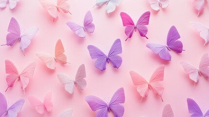 Fototapeta premium Pink and purple butterflies on a pink background.