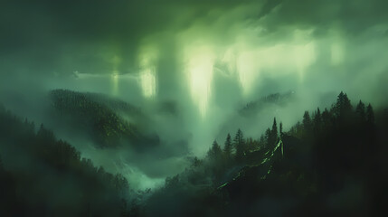 The glow of the aurora borealis casts an ethereal ambiance over a misty forest landscape, auroral activity, ethereal ambiance. Auroral. Illustration