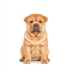 Obraz premium Charming Shar Pei puppy with a wrinkled face, sitting gracefully against a white background, showcasing its adorable features.