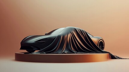 Vector art of a luxury car reveal scene, featuring a sleek vehicle draped in a black silk cover.

