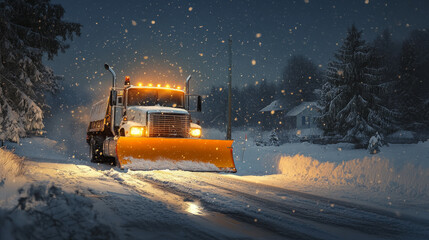 "White snowplow truck with orange lights and a yellow plow blade clearing snow from residential roads while snowflakes continue to fall."






