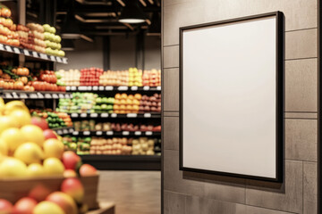  A blank white A3 poster hanging on the wall of a grocery food store, with fruit on the shelves in the background, photo-realistic, cinematic lighting, hyper-detailed, supermarket