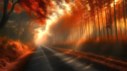Autumnal Road Through Misty Bamboo Forest