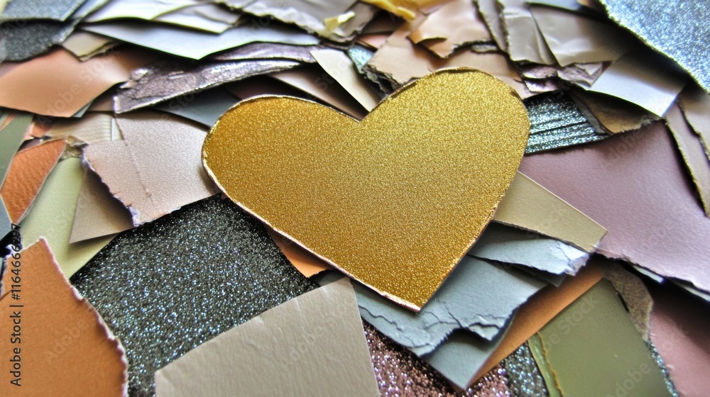 Poster whimsical collage of torn paper layers creating a heart shape with contrasting textures and a blank 