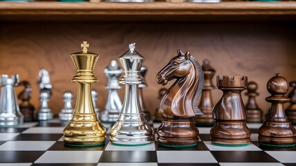 Beautifully arranged gold and silver chess pieces on a board