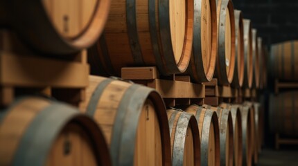 Wooden wine barrels stacked in a rustic winery, showcasing rich textures and soft light, evoking a sense of tradition and authenticity.