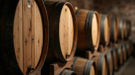 Wooden wine barrels stacked in a rustic winery, showcasing rich textures and soft light, evoking a sense of tradition and authenticity.