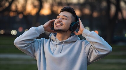 A man is wearing headphones and smiling with his eyes gently closed