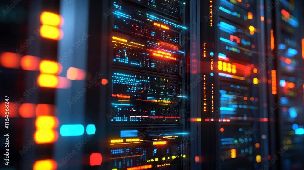 Poster high-tech server room with cooling systems in soft focus