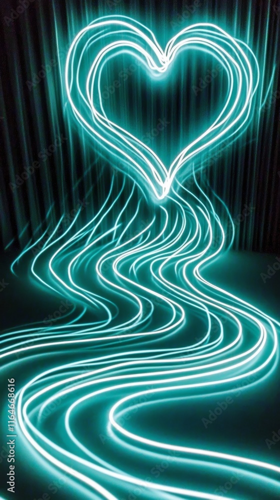 Poster bright neon heart shapes created from glowing lines showcasing a mesmerizing abstract design against