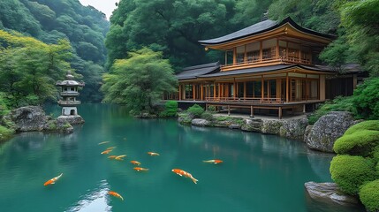 Fototapeta premium Serene Japanese Garden Koi Pond Temple View