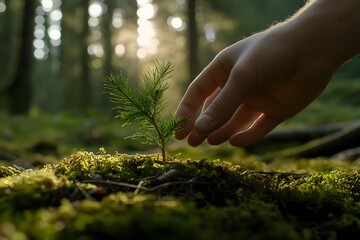 Fototapeta premium A hand gently holding a small sapling with the sunlight casting a warm glow in the background with copy