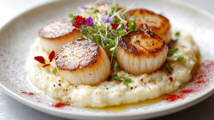 Seared scallops on cauliflower puree with microgreens and flowers